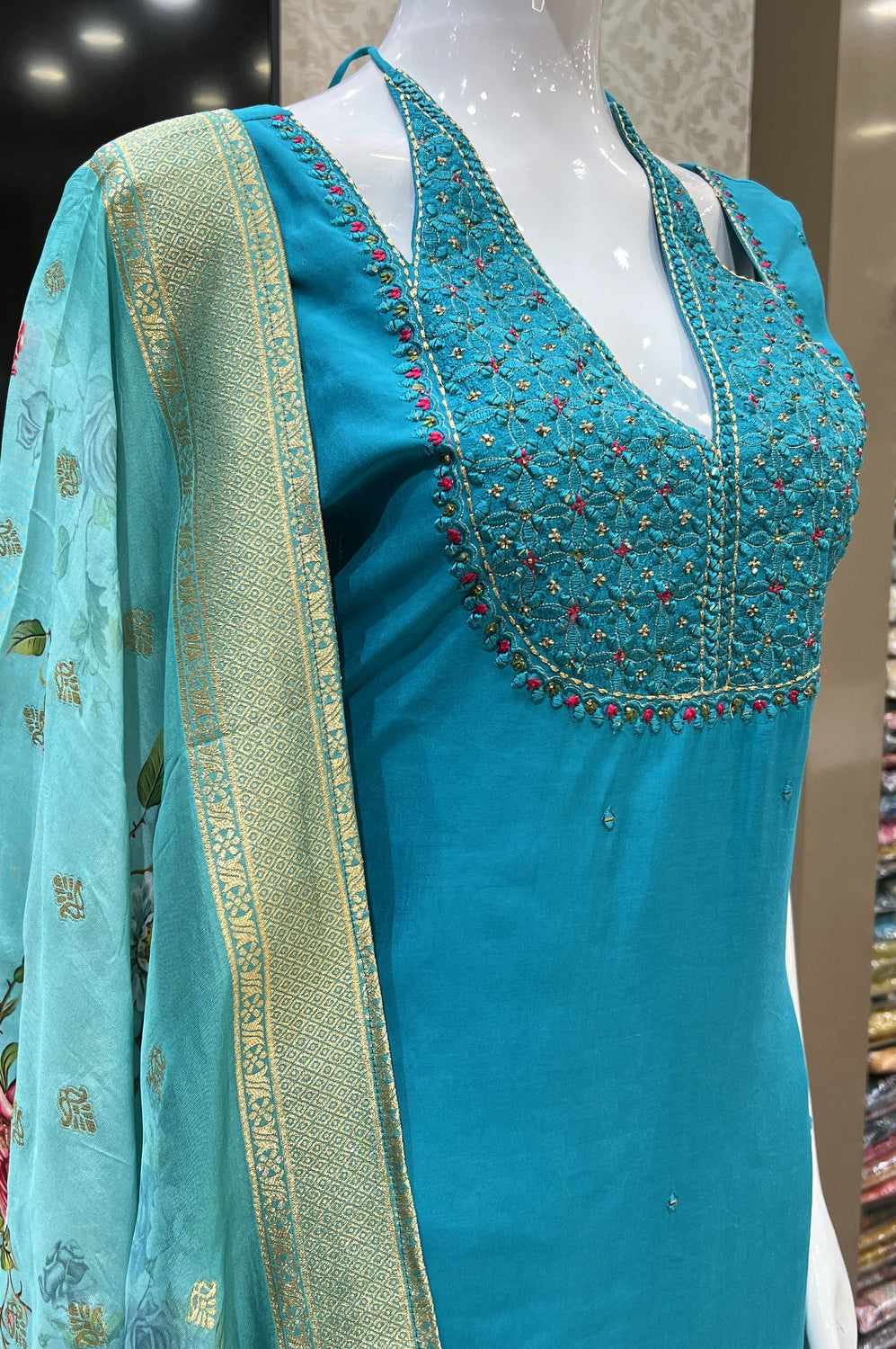 Rama Green Mirror, Thread and Zari work Straight Cut Salwar Suit with Floral Print Dupatta