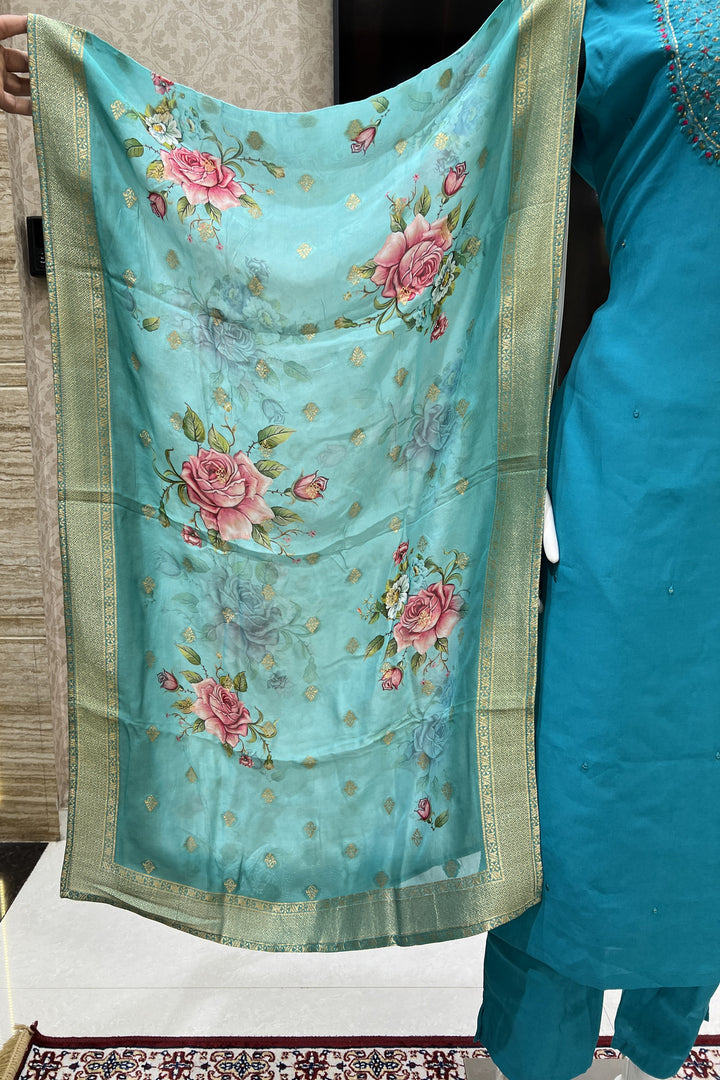 Rama Green Mirror, Thread and Zari work Straight Cut Salwar Suit with Floral Print Dupatta