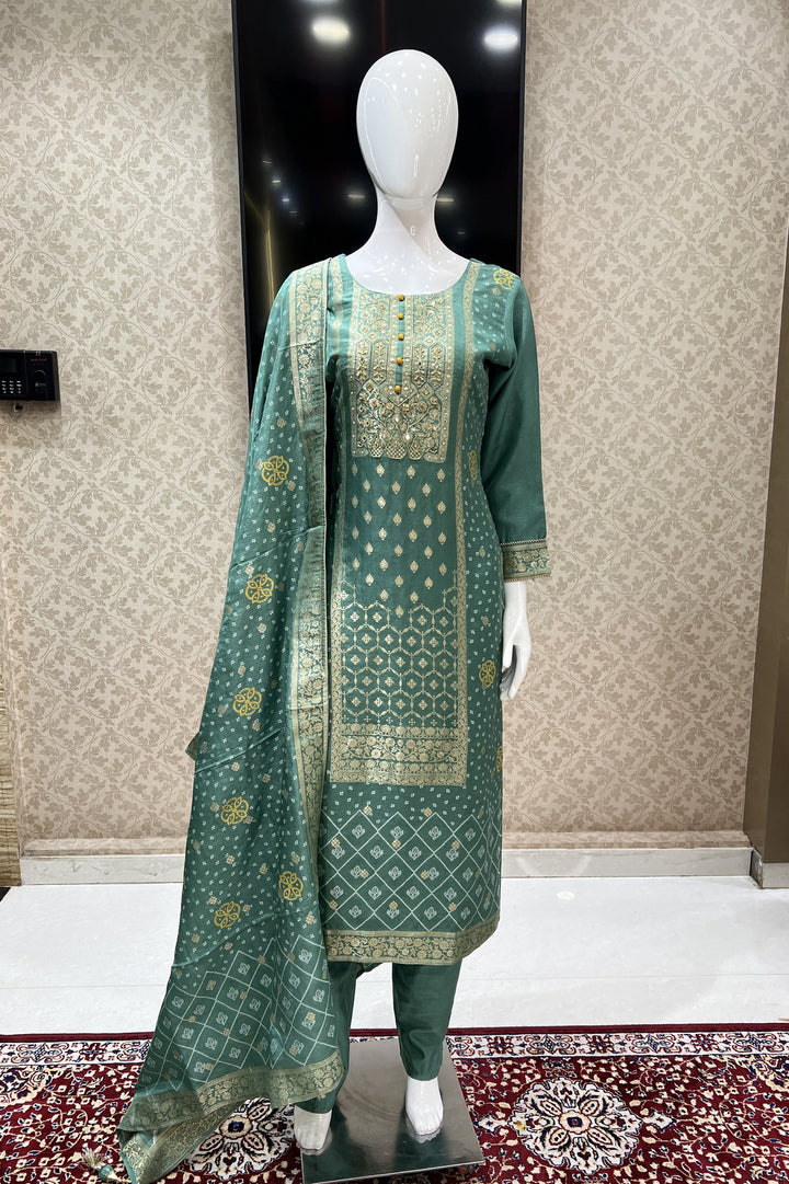 Pista Green Banaras, Beads and Mirror work Straight Cut Salwar Suit