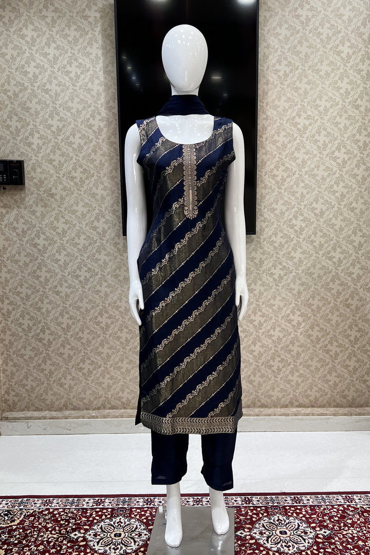 Navy Blue Banaras work Straight Cut Salwar Suit