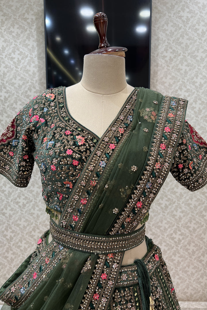 Bottle Green Embroidery, Stone and Zari work Crop Top Designer Bridal Lehenga