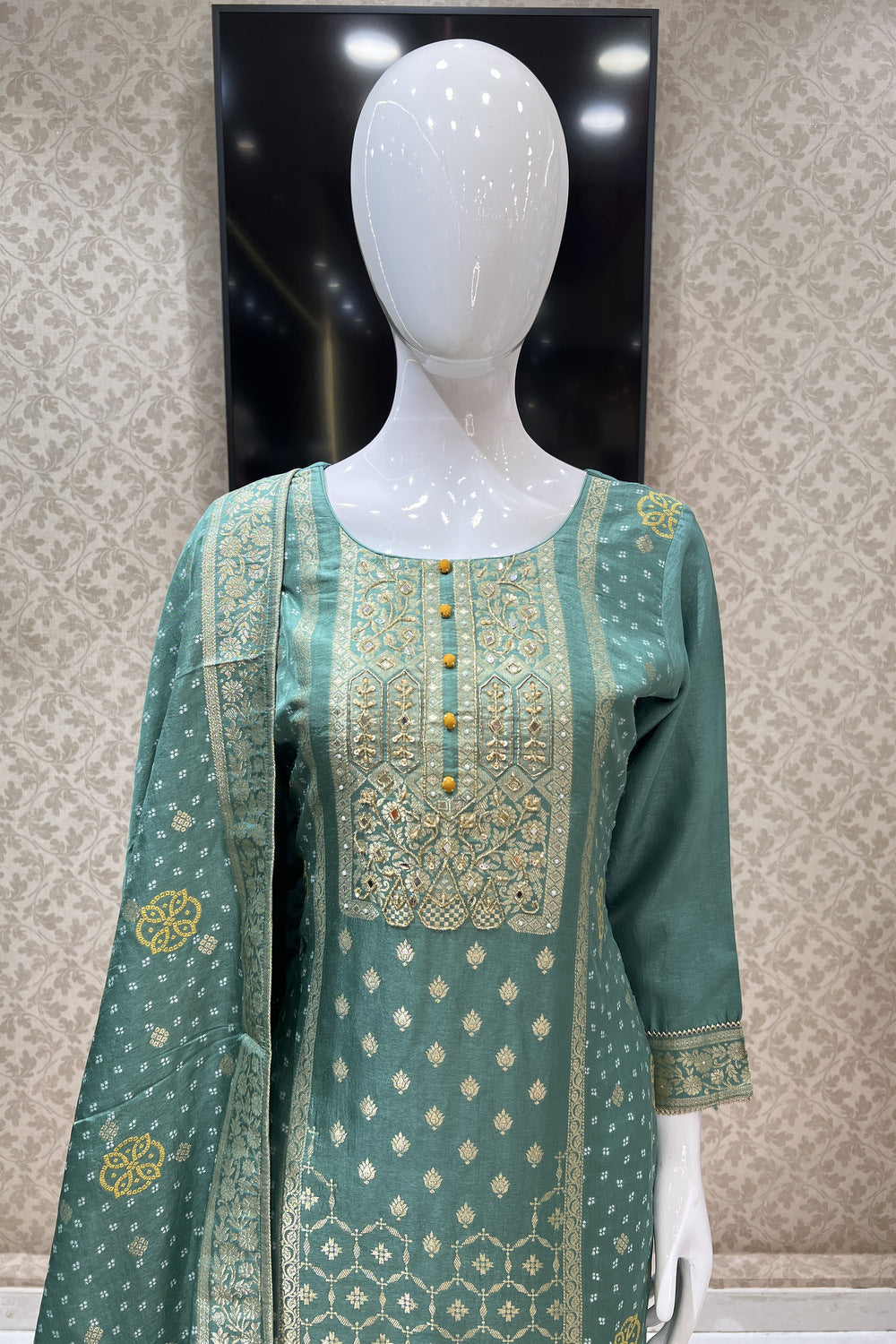 Pista Green Banaras, Beads and Mirror work Straight Cut Salwar Suit