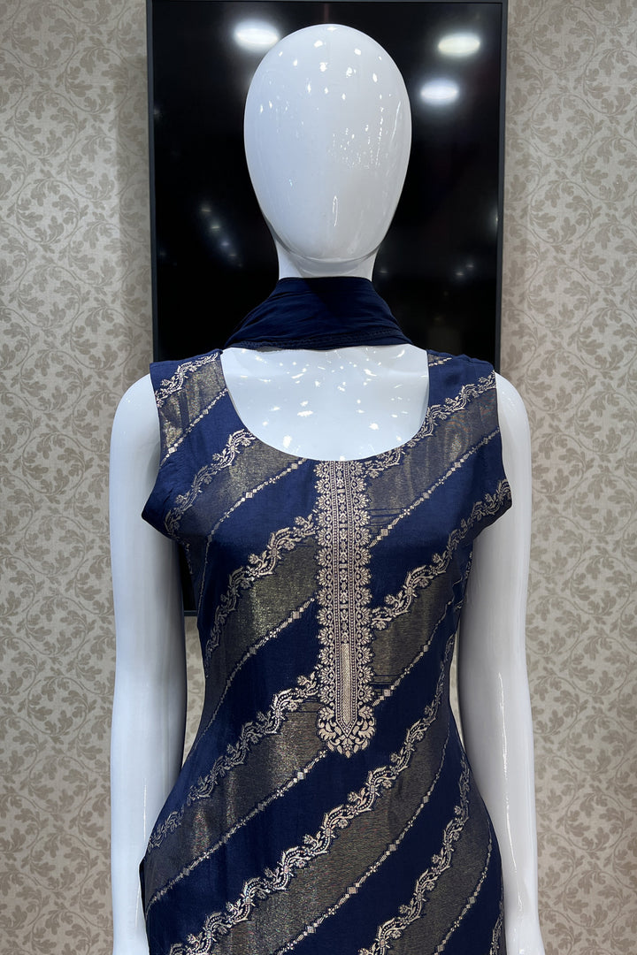 Navy Blue Banaras work Straight Cut Salwar Suit