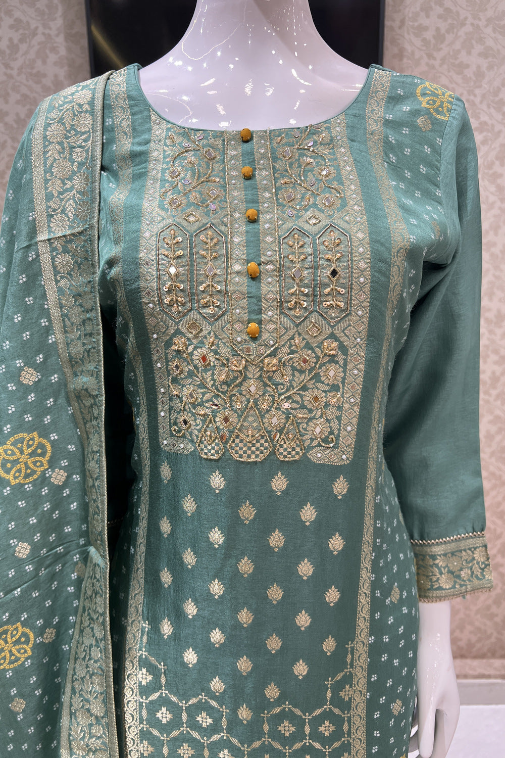 Pista Green Banaras, Beads and Mirror work Straight Cut Salwar Suit