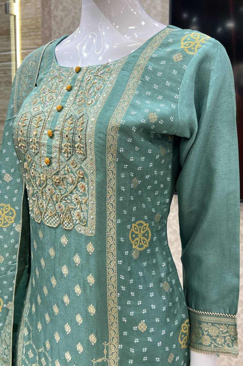 Pista Green Banaras, Beads and Mirror work Straight Cut Salwar Suit