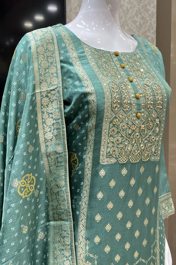 Pista Green Banaras, Beads and Mirror work Straight Cut Salwar Suit