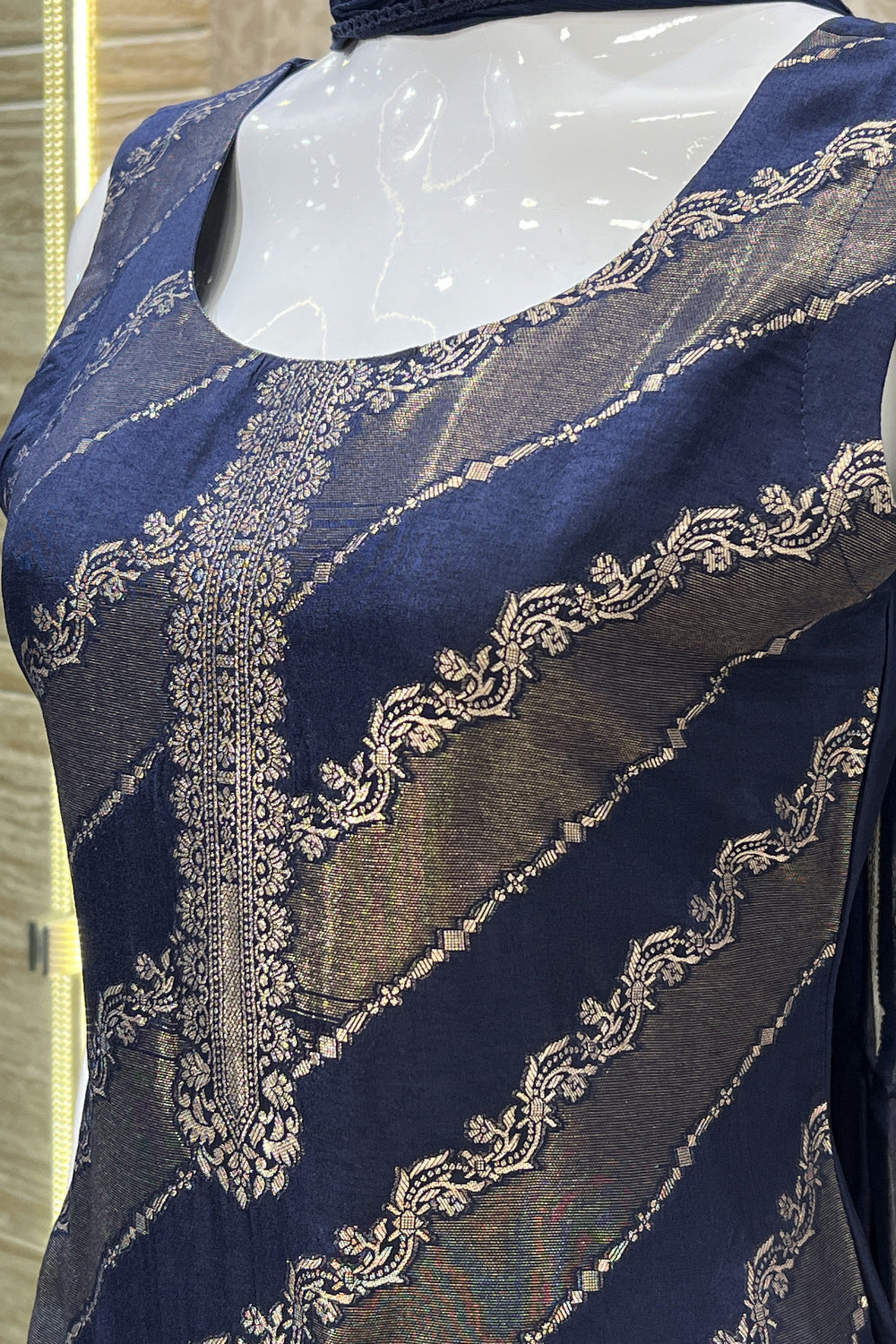 Navy Blue Banaras work Straight Cut Salwar Suit