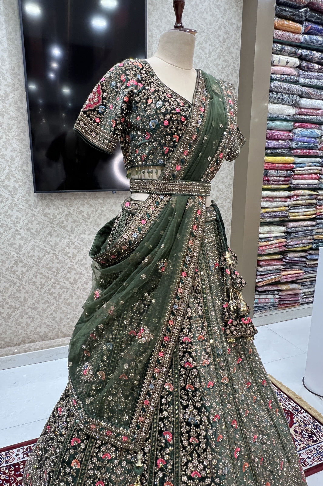 Bottle Green Embroidery, Stone and Zari work Crop Top Designer Bridal Lehenga