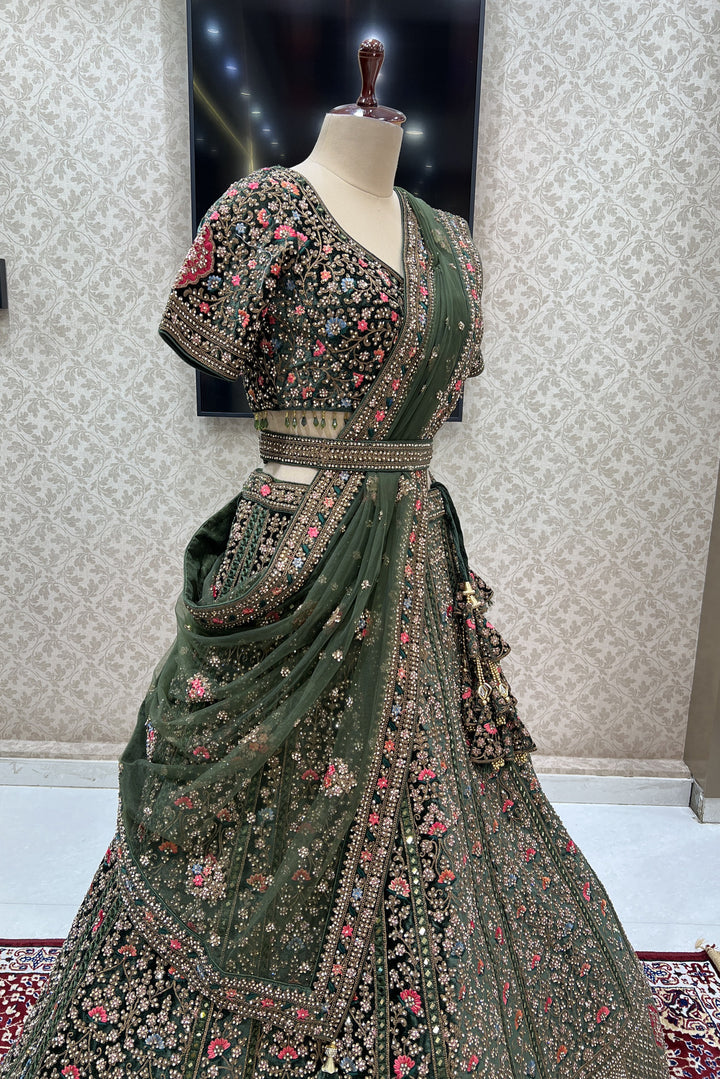 Bottle Green Embroidery, Stone and Zari work Crop Top Designer Bridal Lehenga