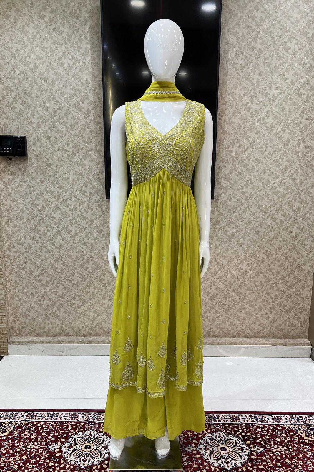 Liril Green Sequins and Zari Thread work Alia Cut Salwar Suit with Palazzo Pants