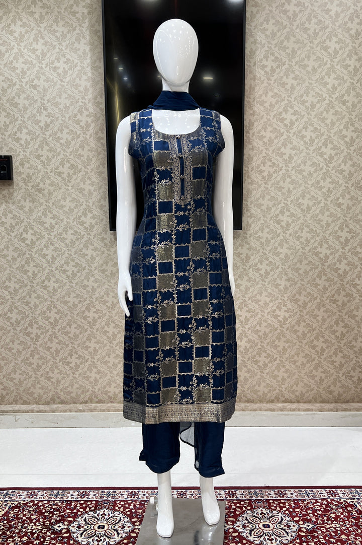 Peacock Blue Banaras work Straight Cut Salwar Suit