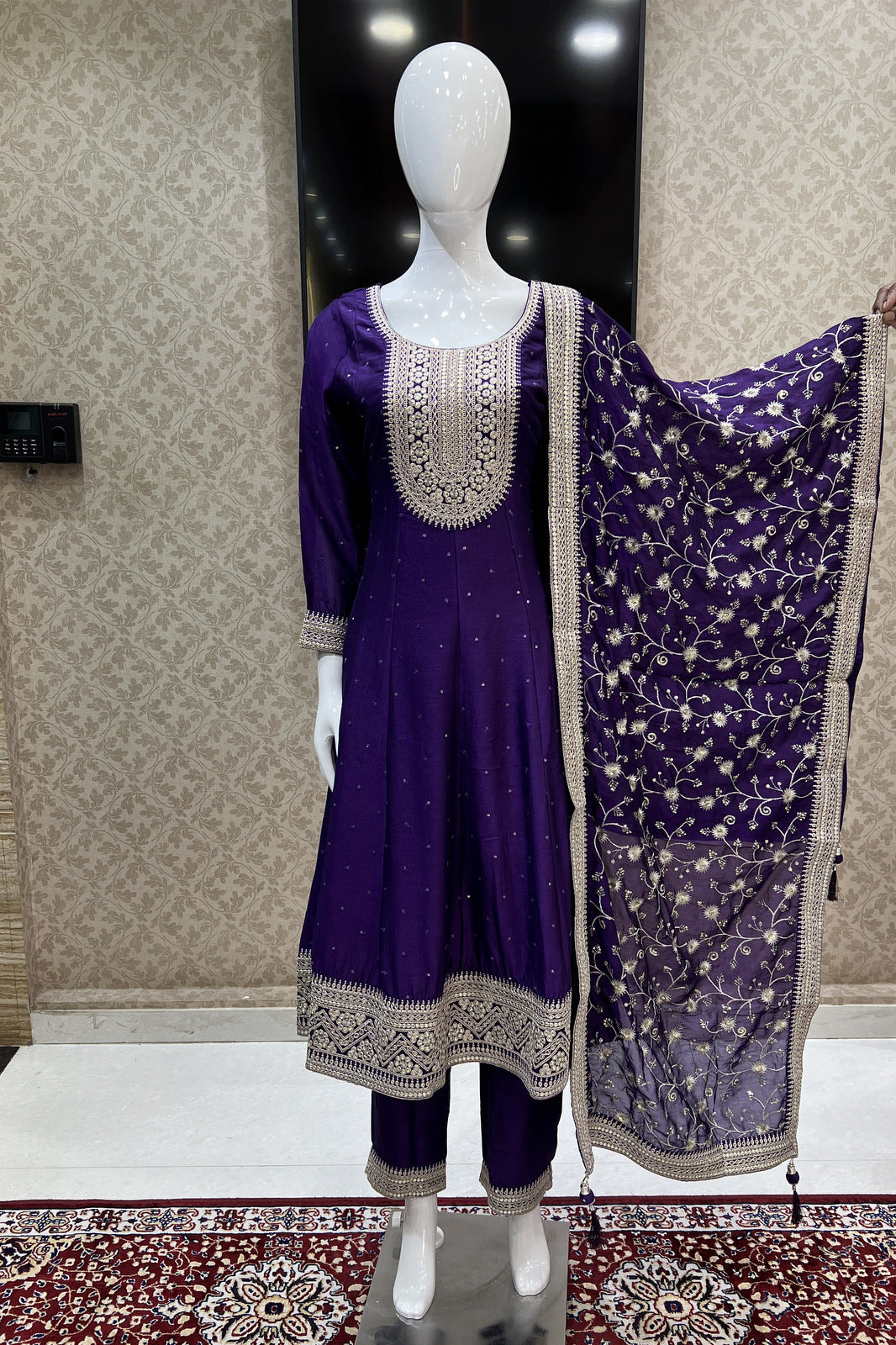 Purple Sequins and Zari work Anarkali Style Salwar Suit