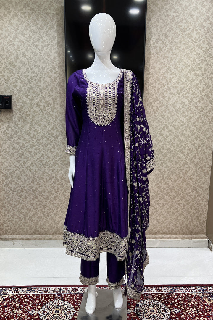 Purple Sequins and Zari work Anarkali Style Salwar Suit