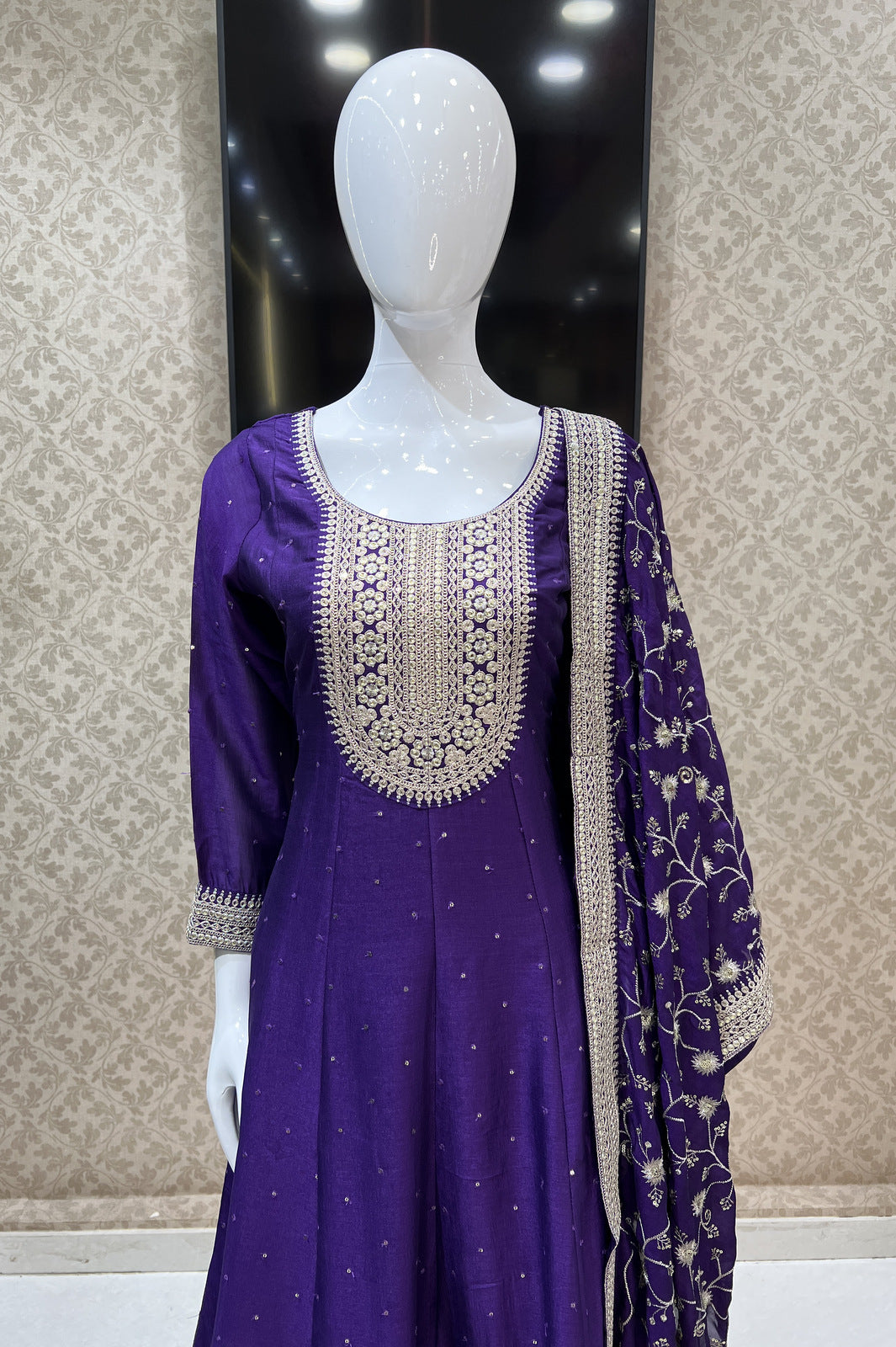 Purple Sequins and Zari work Anarkali Style Salwar Suit