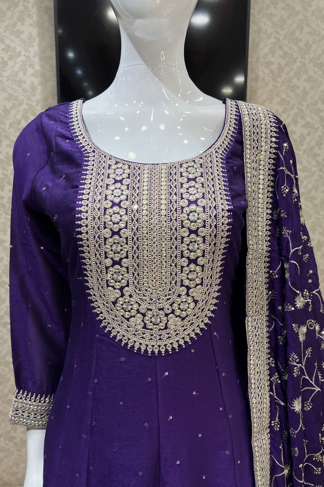 Purple Sequins and Zari work Anarkali Style Salwar Suit