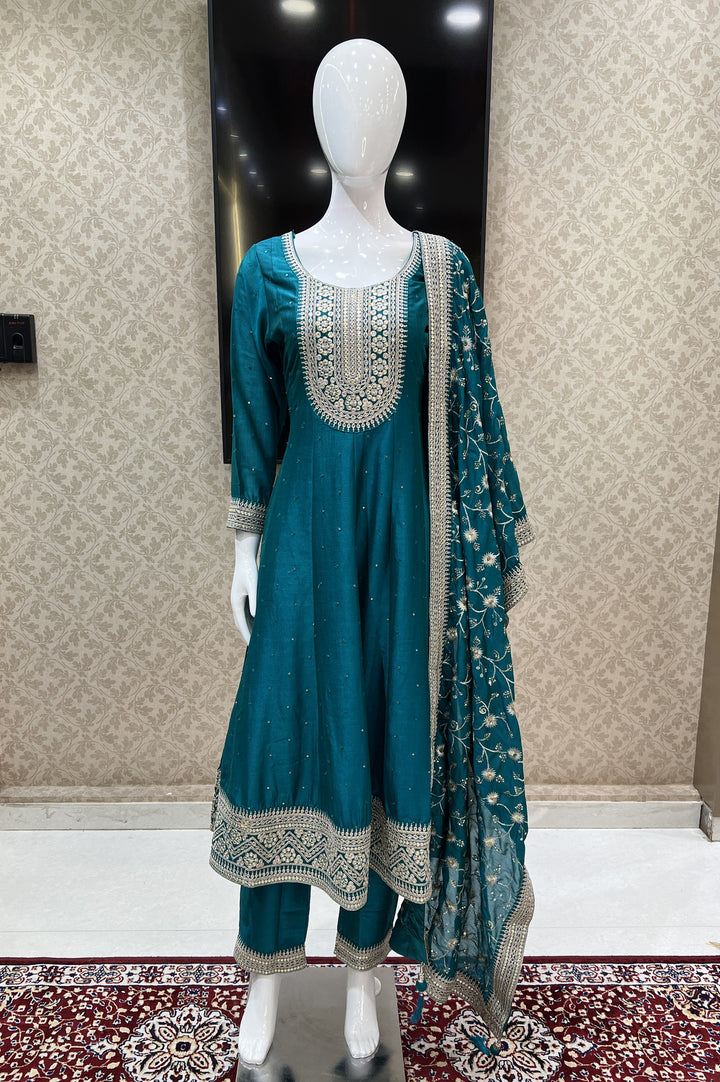 Peacock Green Sequins and Zari work Anarkali Style Salwar Suit