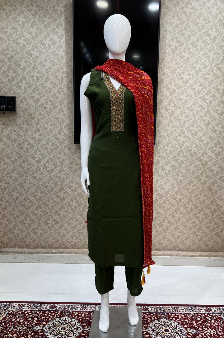 Bottle Green Thread, Zari, Mirror and Stone work Straight Cut Salwar Suit