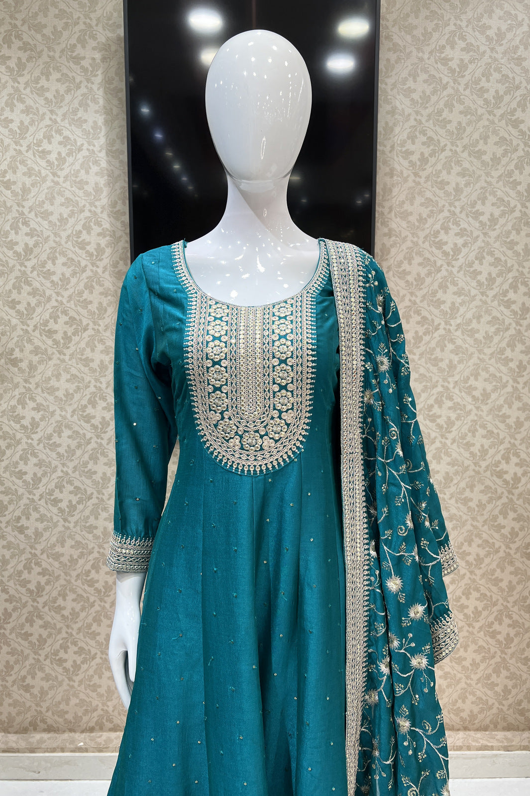 Peacock Green Sequins and Zari work Anarkali Style Salwar Suit