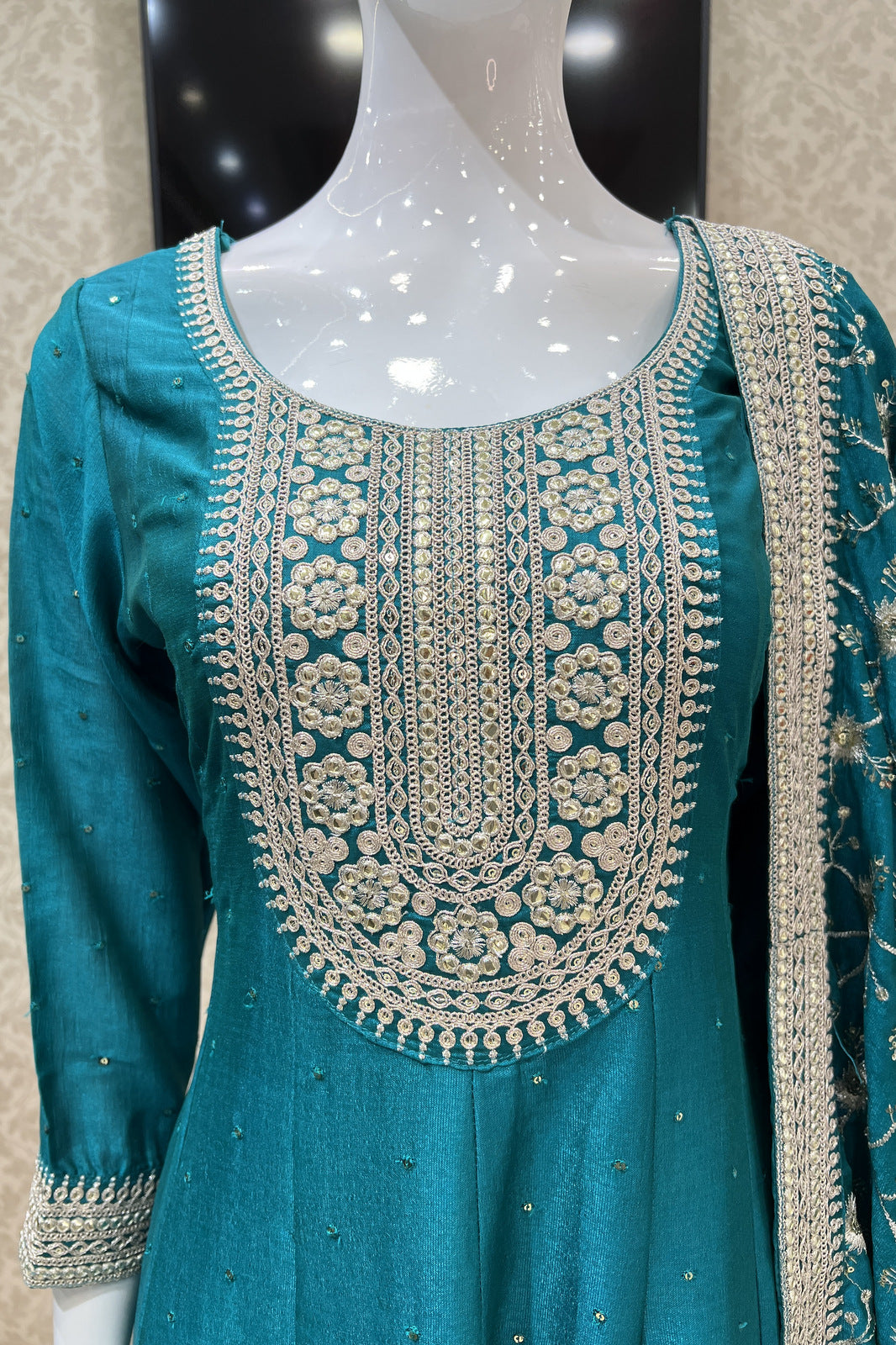 Peacock Green Sequins and Zari work Anarkali Style Salwar Suit