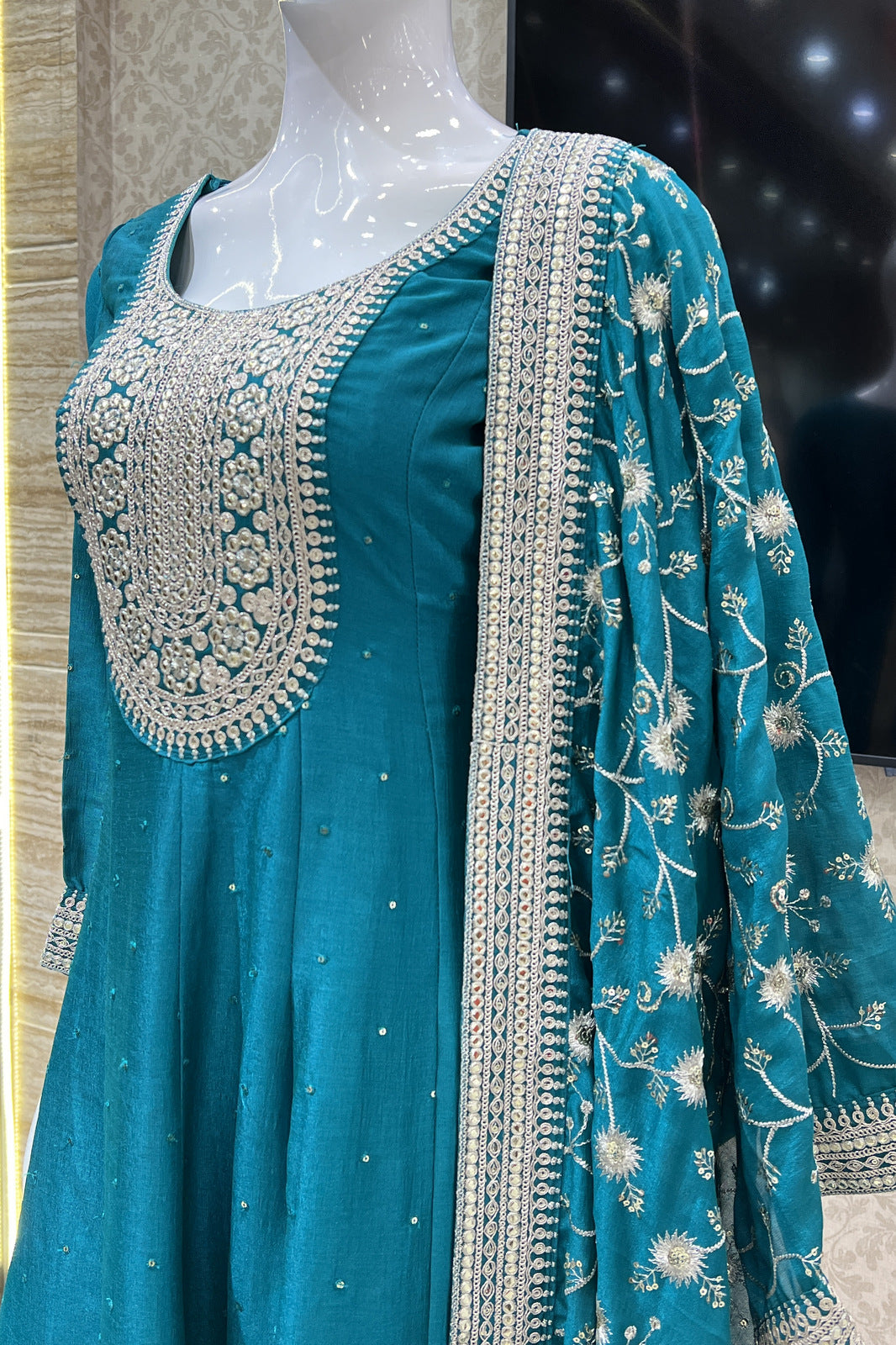 Peacock Green Sequins and Zari work Anarkali Style Salwar Suit