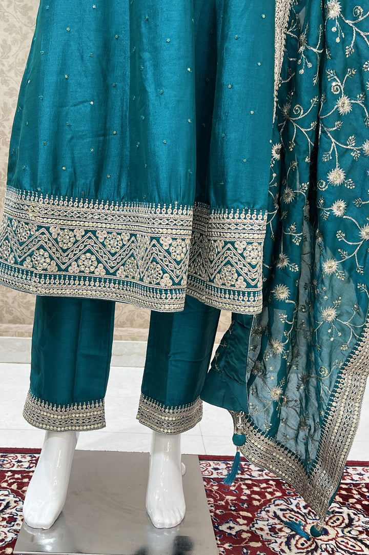 Peacock Green Sequins and Zari work Anarkali Style Salwar Suit