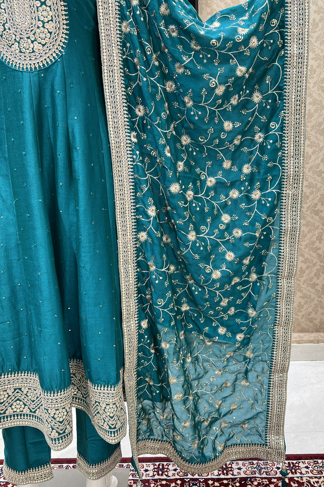 Peacock Green Sequins and Zari work Anarkali Style Salwar Suit