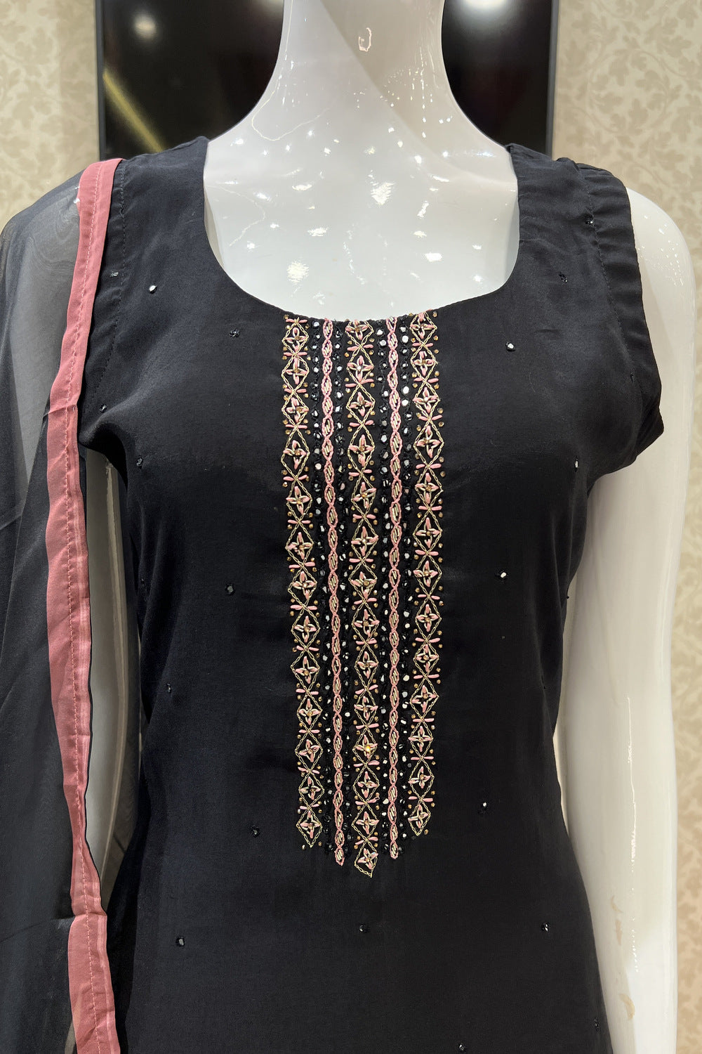 Black Thread, Stone and Sequins work Straight Cut Salwar Suit