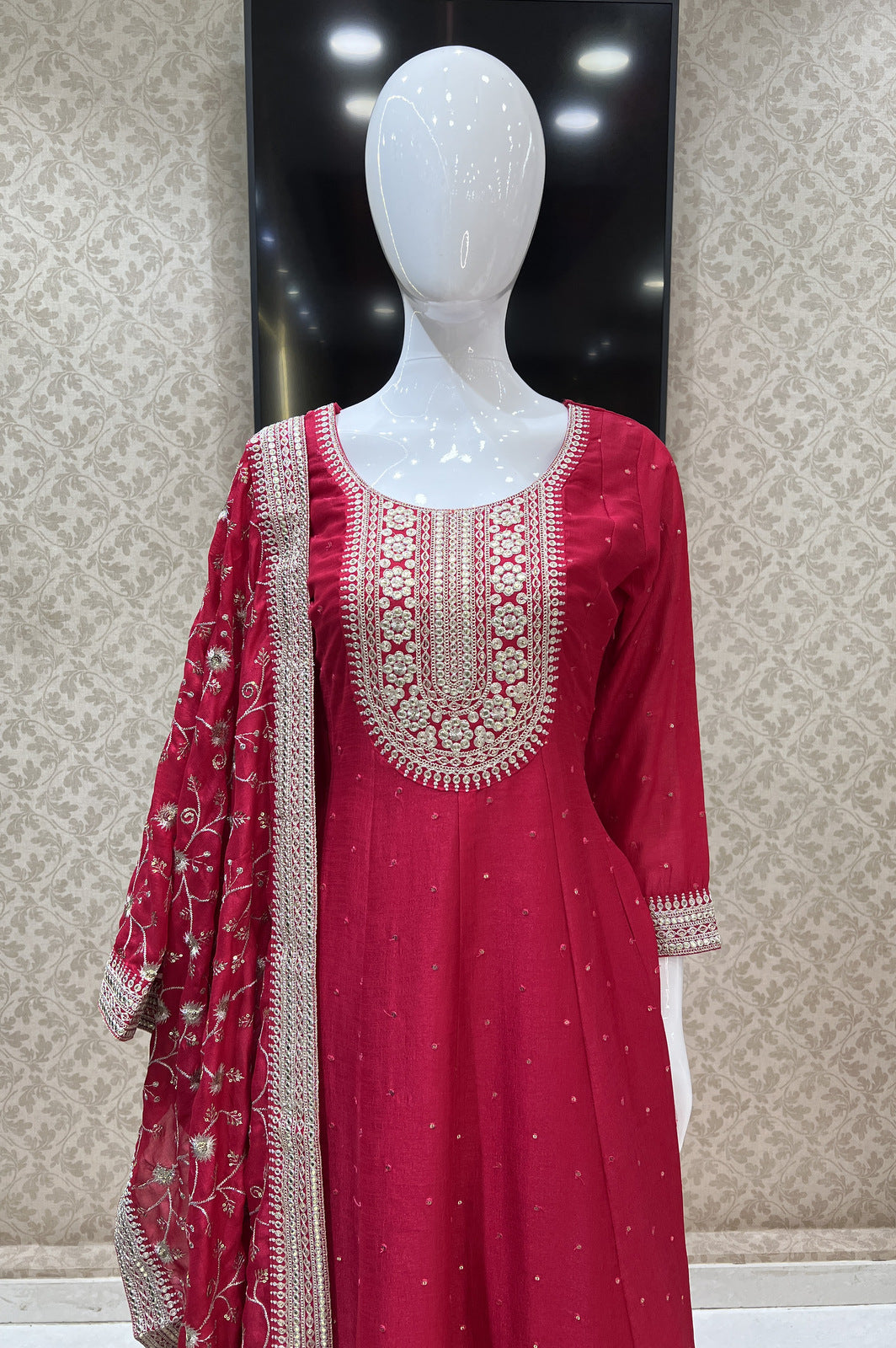 Rani Pink Sequins and Zari work Anarkali Style Salwar Suit