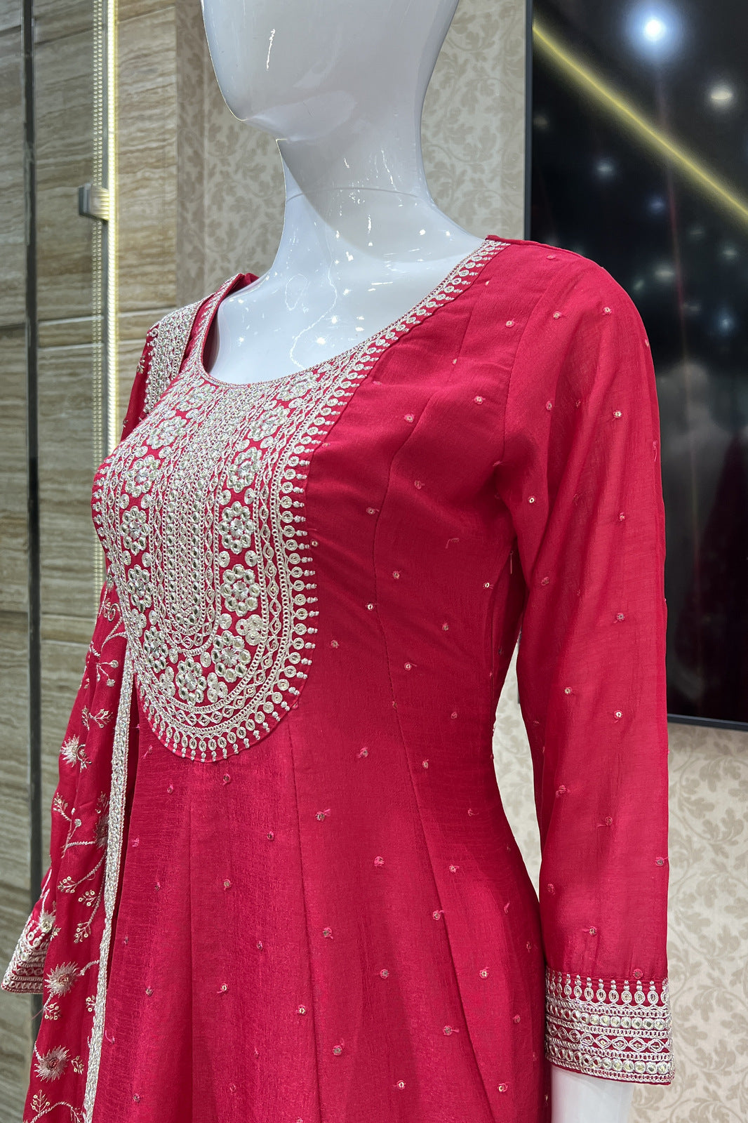 Rani Pink Sequins and Zari work Anarkali Style Salwar Suit