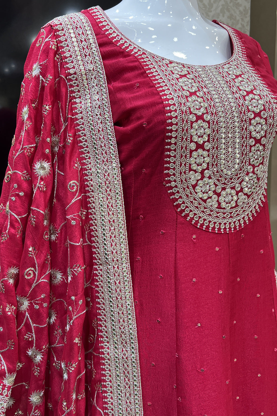 Rani Pink Sequins and Zari work Anarkali Style Salwar Suit