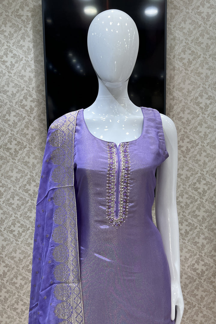 Lavender Zardozi, Beads, Stone and Sequins work Straight Cut Salwar Suit