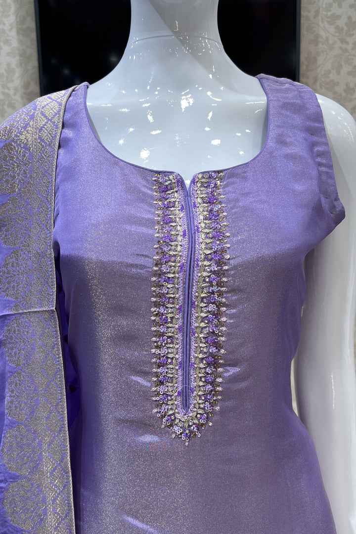 Lavender Zardozi, Beads, Stone and Sequins work Straight Cut Salwar Suit