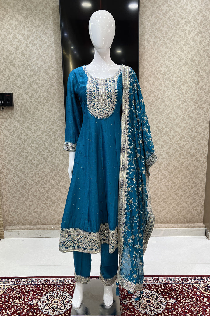 Rama Blue Sequins and Zari work Anarkali Style Salwar Suit