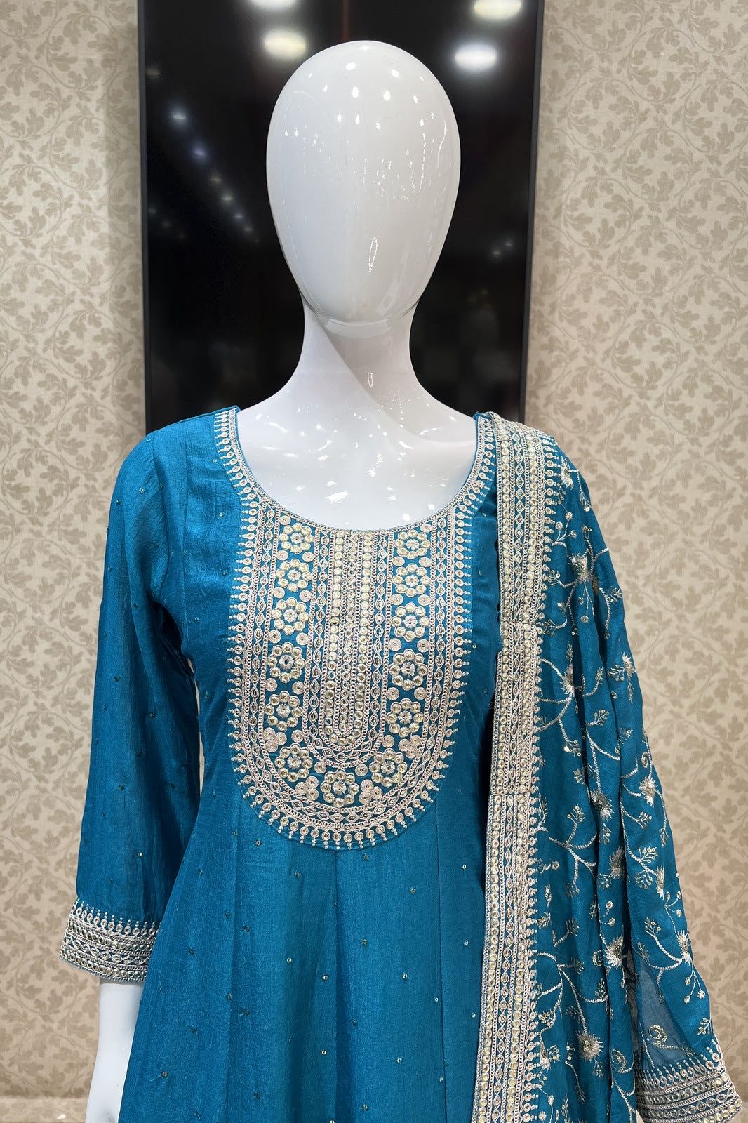 Rama Blue Sequins and Zari work Anarkali Style Salwar Suit