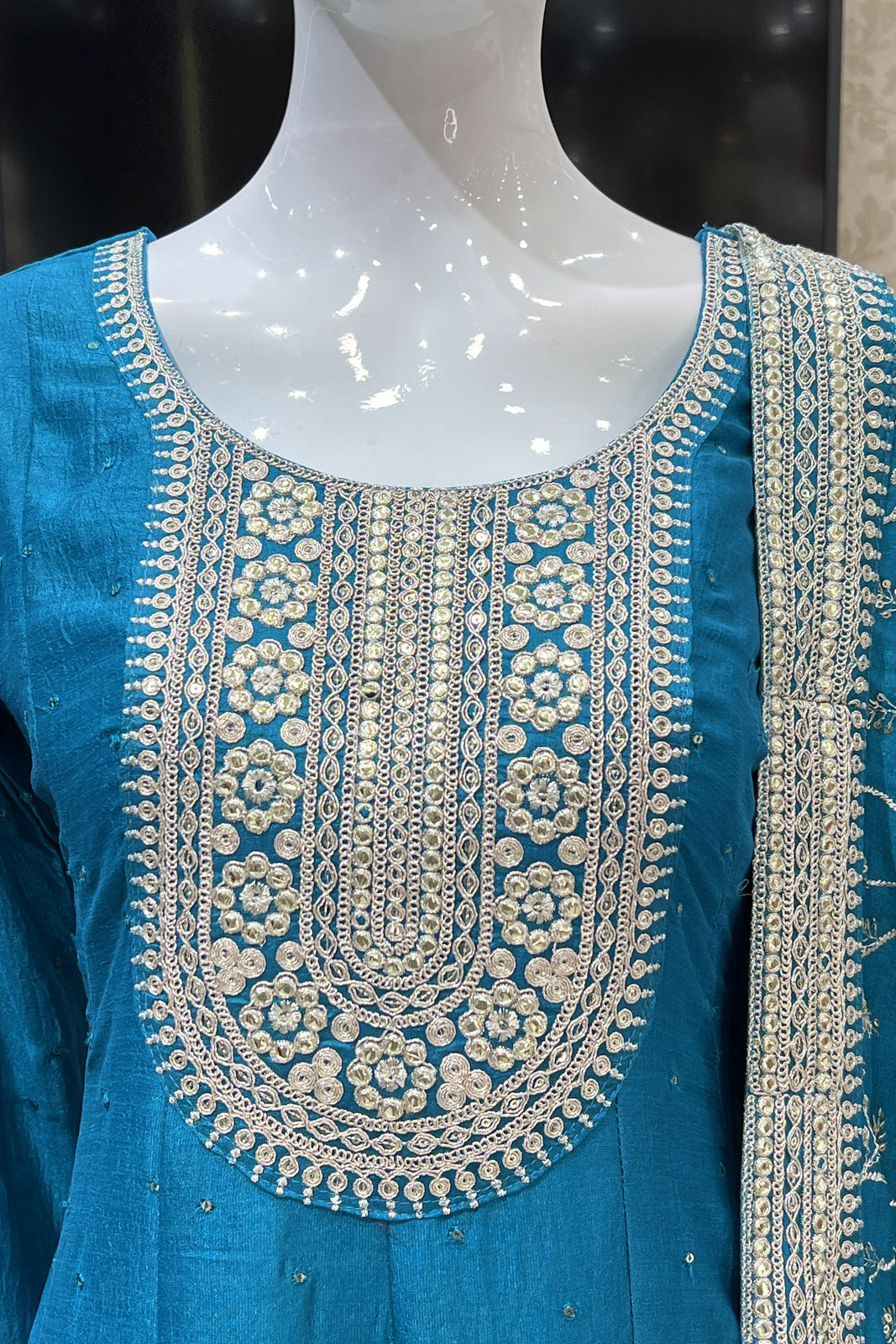 Rama Blue Sequins and Zari work Anarkali Style Salwar Suit