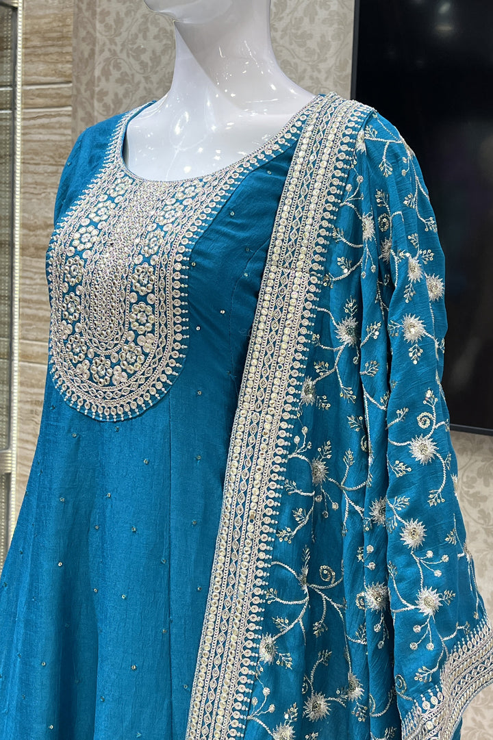 Rama Blue Sequins and Zari work Anarkali Style Salwar Suit