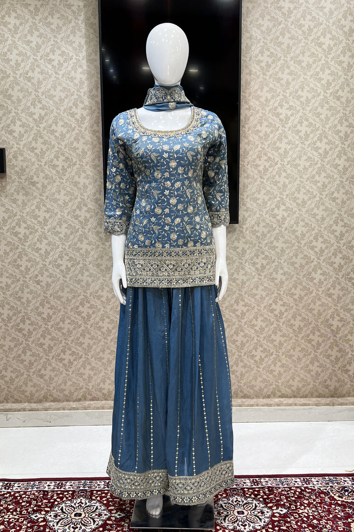 Teal Blue Silver Zari, Sequins, Beads, Pearl, Mirror and Zardozi work Palazzo Salwar Suit