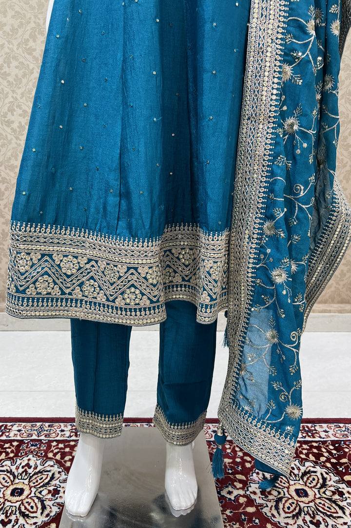 Rama Blue Sequins and Zari work Anarkali Style Salwar Suit