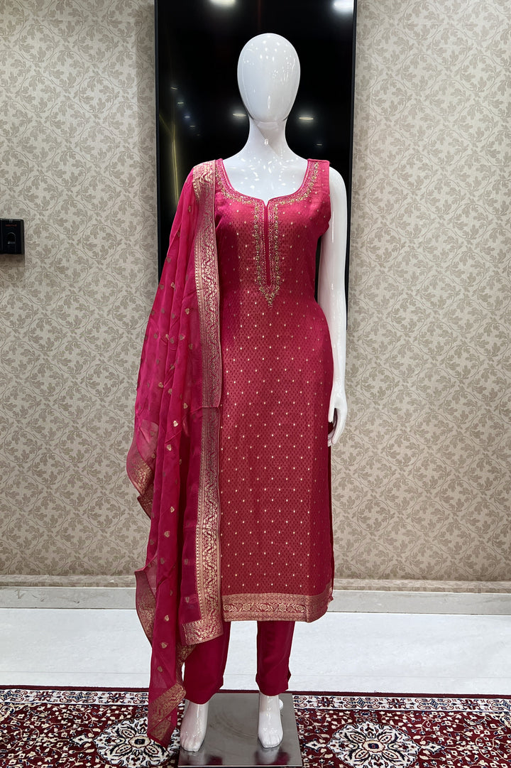 Rani Pink Banaras, Beads, Mirror, Sequins and Zari work Straight Cut Salwar Suit