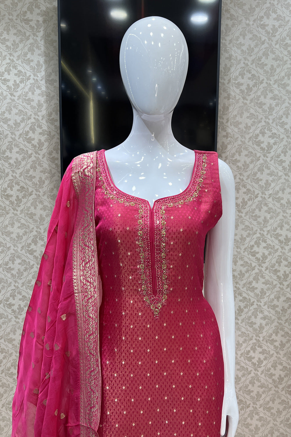 Rani Pink Banaras, Beads, Mirror, Sequins and Zari work Straight Cut Salwar Suit