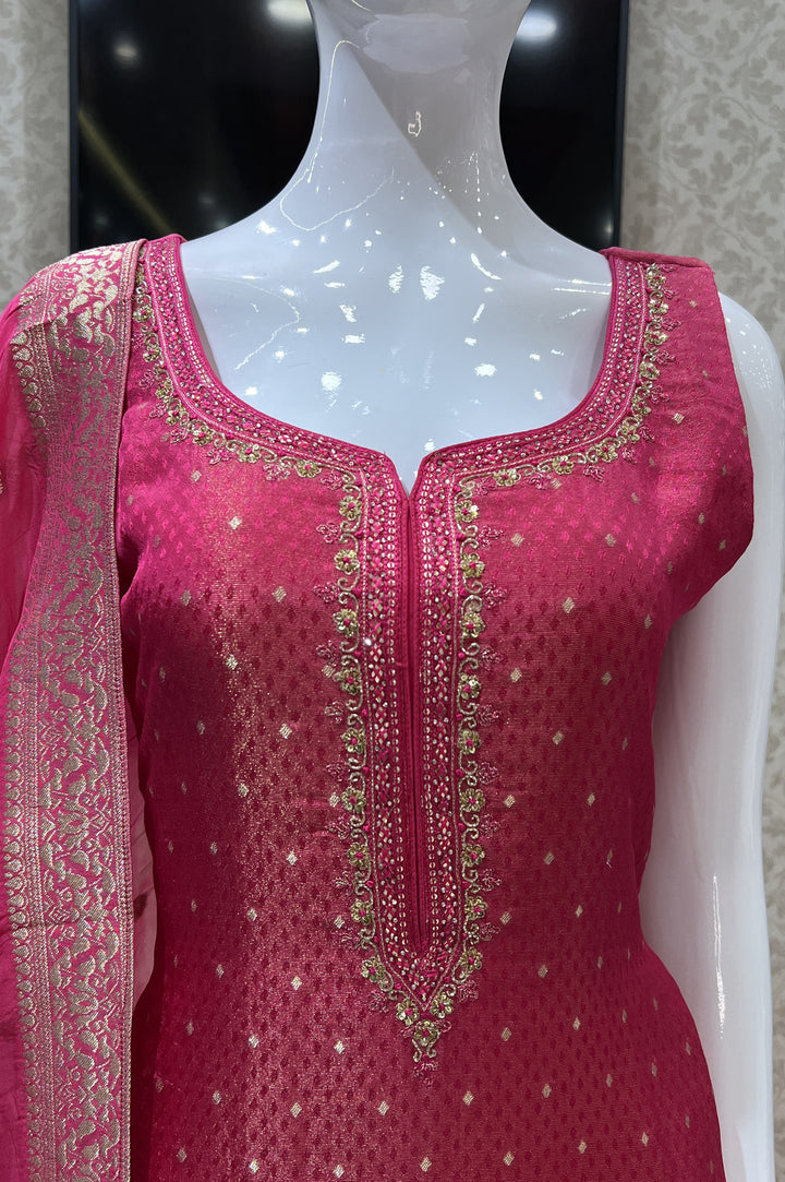 Rani Pink Banaras, Beads, Mirror, Sequins and Zari work Straight Cut Salwar Suit