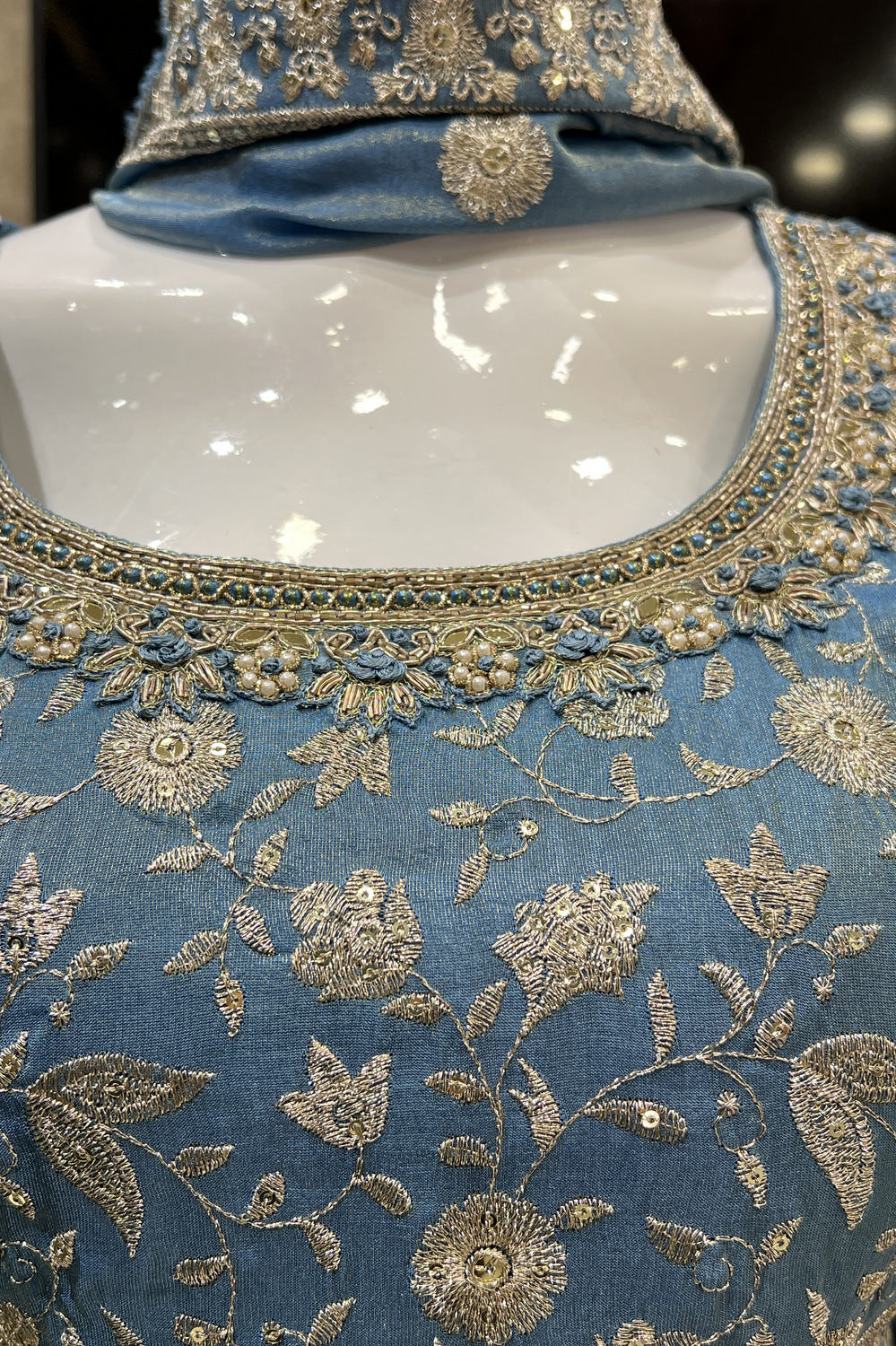 Teal Blue Silver Zari, Sequins, Beads, Pearl, Mirror and Zardozi work Palazzo Salwar Suit