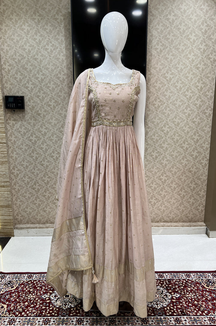 Beige Beads, Sequins, Thread and Banaras work Floor Length Anarkali Suit