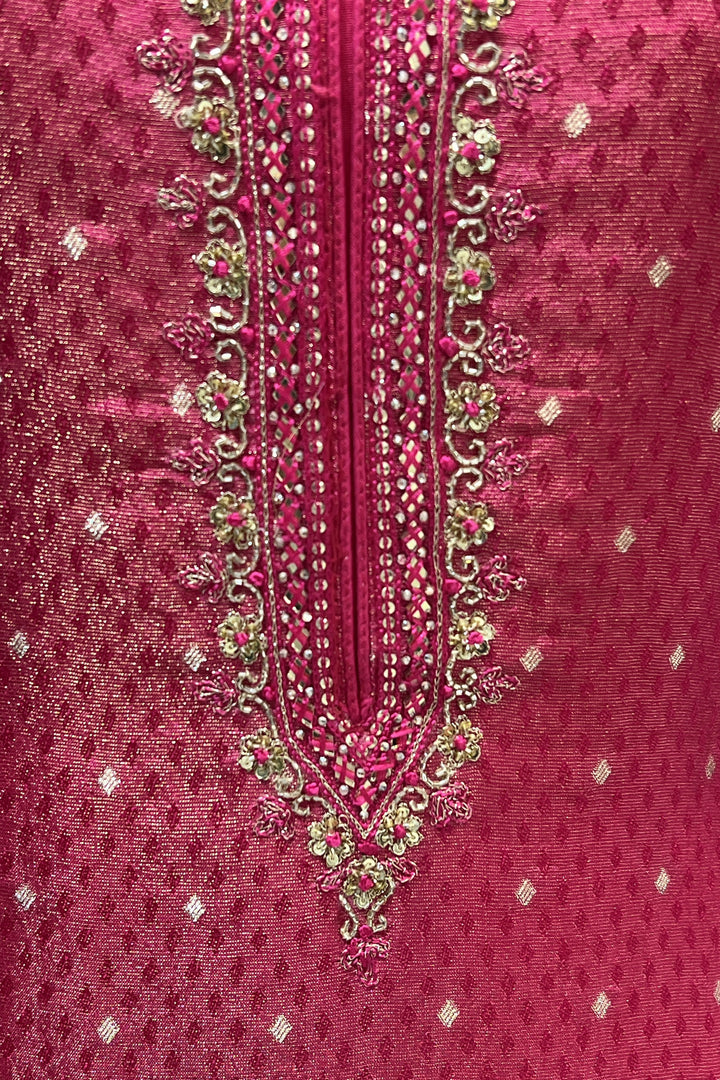 Rani Pink Banaras, Beads, Mirror, Sequins and Zari work Straight Cut Salwar Suit