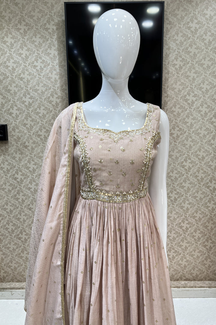 Beige Beads, Sequins, Thread and Banaras work Floor Length Anarkali Suit