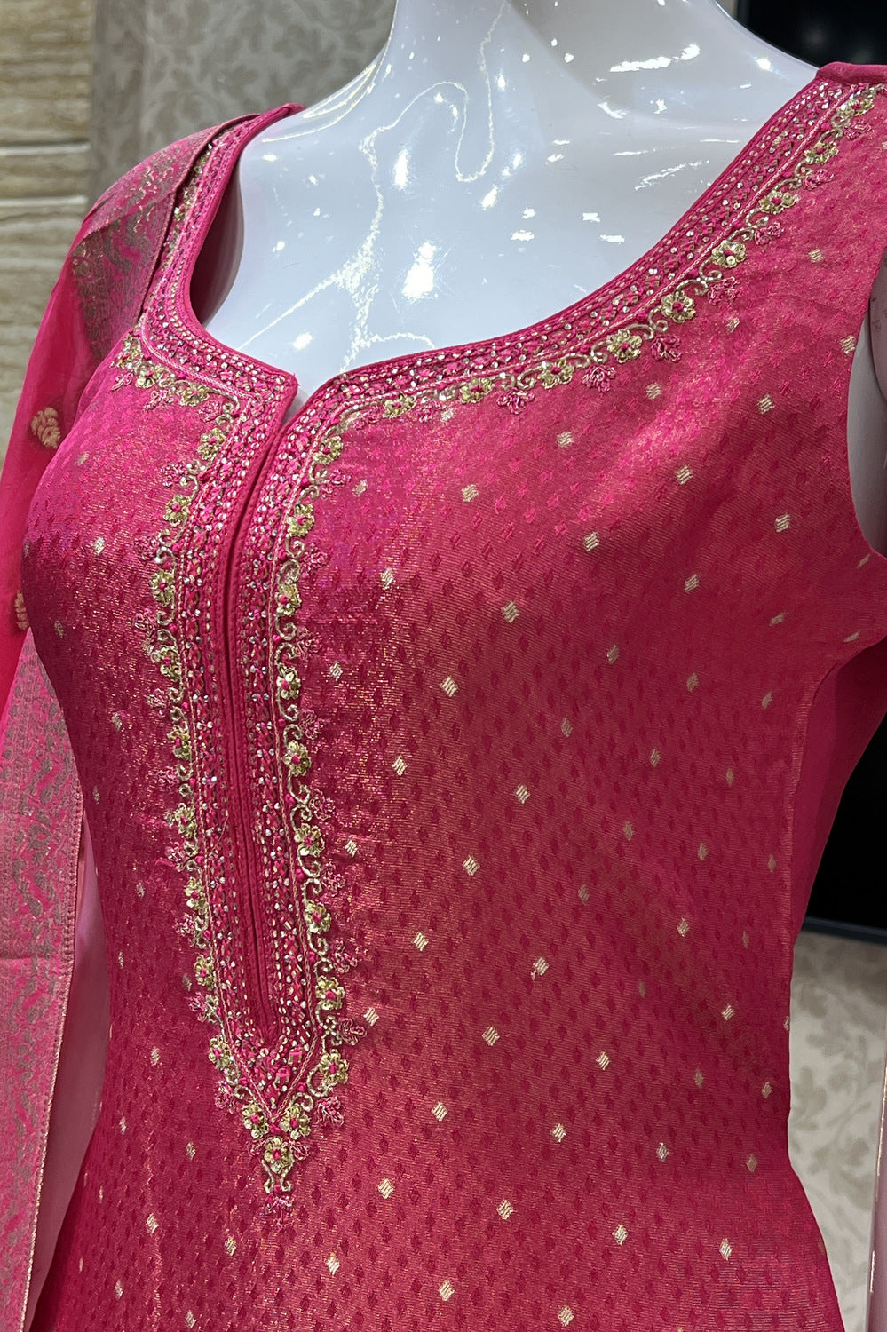 Rani Pink Banaras, Beads, Mirror, Sequins and Zari work Straight Cut Salwar Suit