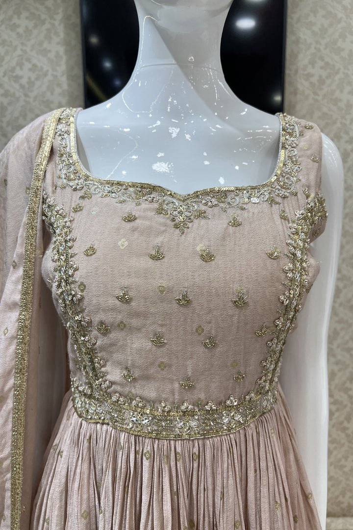 Beige Beads, Sequins, Thread and Banaras work Floor Length Anarkali Suit