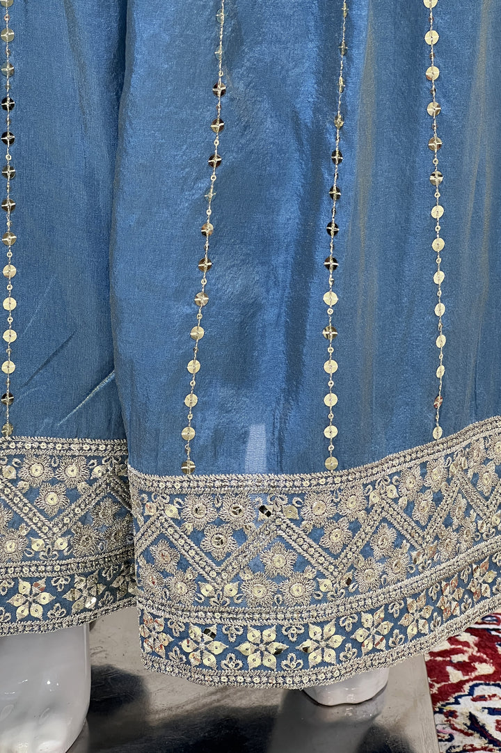 Teal Blue Silver Zari, Sequins, Beads, Pearl, Mirror and Zardozi work Palazzo Salwar Suit