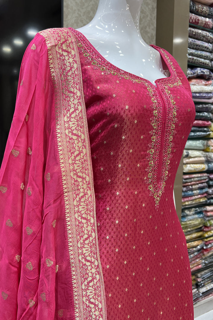 Rani Pink Banaras, Beads, Mirror, Sequins and Zari work Straight Cut Salwar Suit