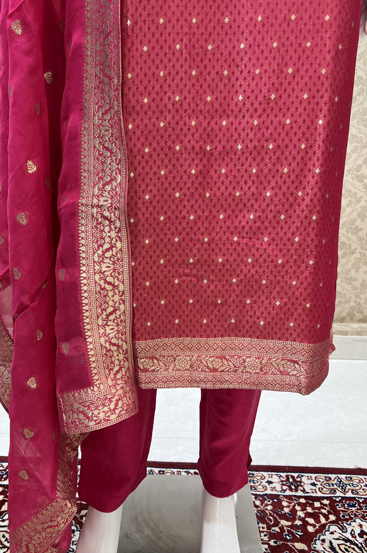 Rani Pink Banaras, Beads, Mirror, Sequins and Zari work Straight Cut Salwar Suit